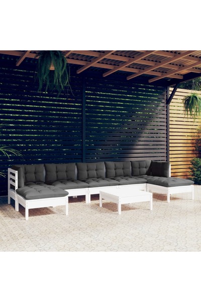 vidaxl Set mobilier de gradina cu perne, 8 piese, alb, lemn de pin