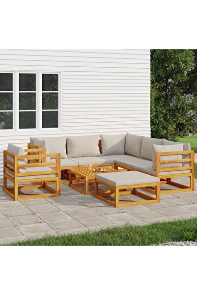 vidaxl Set mobilier gradina cu perne gri deschis, 8 piese, lemn masiv