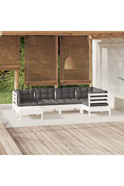 vidaxl Set mobilier de gradina cu perne, 6 piese, alb, lemn masiv pin