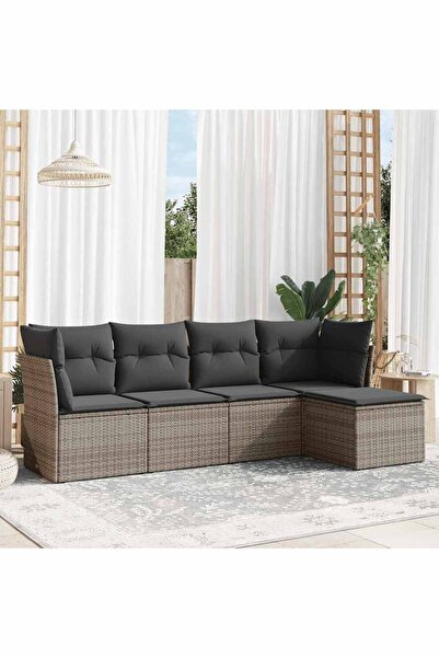 vidaxl Garden sofa set with cushions, 5 pieces, grey, polyrattan