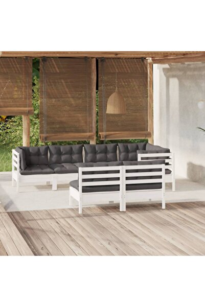 vidaxl Set mobilier gradina cu perne, 7 piese, alb, lemn masiv de pin