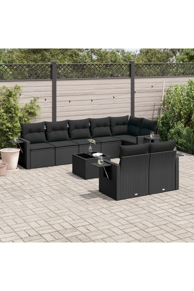 vidaxl Garden furniture set with cushions, 9 pieces, black, polyrattan