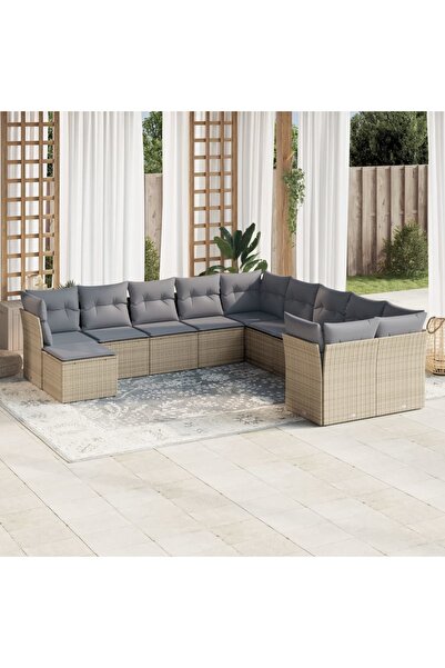 vidaxl Garden sofa set with cushions, 11 pieces, beige, polyrattan