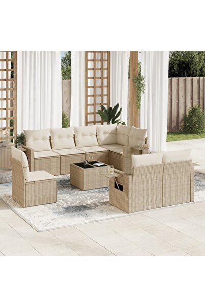vidaxl Set canapele de gradina, 9 piese, cu perne, bej, poliratan