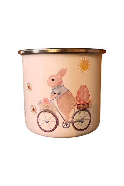 OEM Cană din oțel emailat alb, 360 ml (12 oz), Iepurașul de Paște pe biciclet...