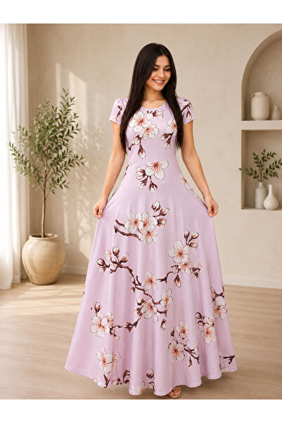 Kokosh moda Kadın Bisiklet Yaka Çiçek Desenli Rahat Kesim Uzun Elbise