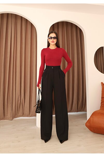 Hazel Pantaloni Palazzo negri pentru femei, cu elastic la spate