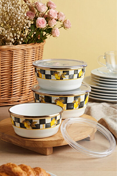 Rivaİstanbul Linda Lemon Patterned 3-Piece Enamel Storage Container