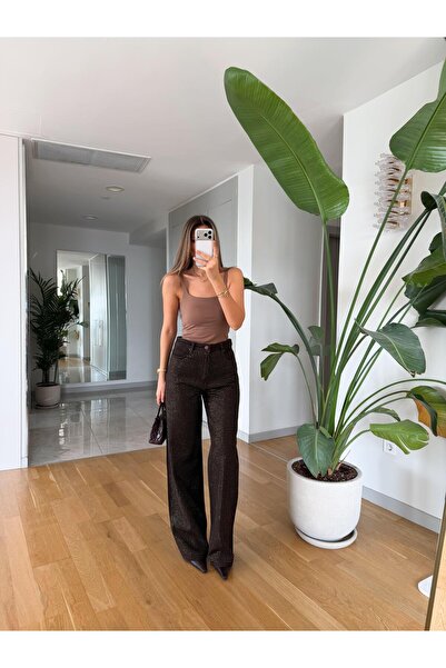 MERVE AKSOY Pierce Taşlı Wide Leg Jean - Kahve