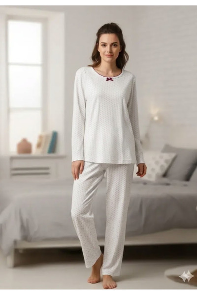 Serena Pijama damă Vatuită - cu maneca lung si pantaloni lungi-Culoare albă c...