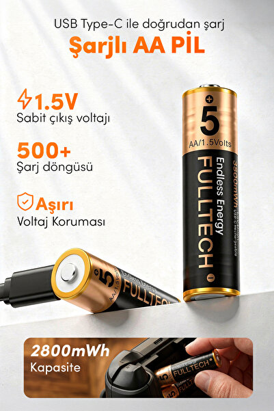 Fulltech FP28 Şarjlı AA Pil 2800mWh 1.5V Type-C Lithium-ion Rechargeable Batt...