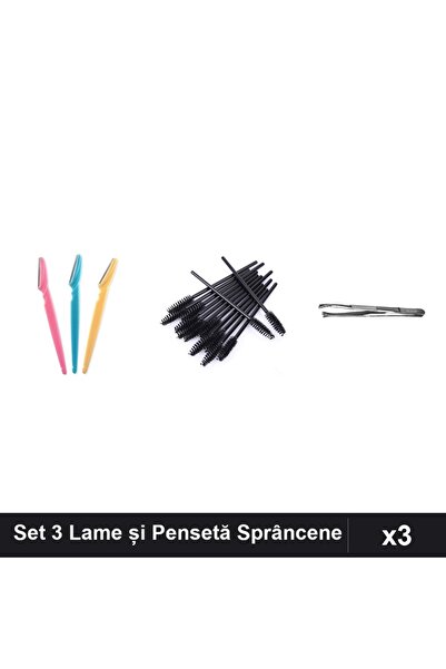 Makeup Set 3 Lame Sprâncene + 10 Periuțe Stilizare + Pensetă Profesională Neagră