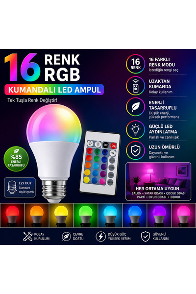 Lumi Rsk RGB Kumandalı LED Ampul – 16 Renkli Gece Lambası | Uzaktan Kontrollü...