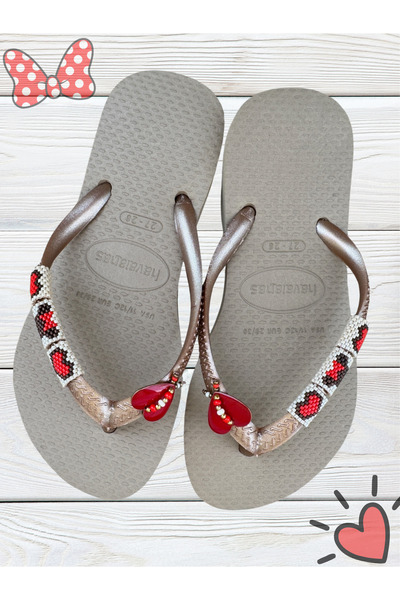 Ebusand Bronze Kid Slim Flip Flops with Hand Beaded Cartoon Charms, Beaded Co...