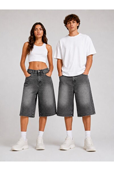 St.Poll Pantaloni scurți din denim unisex, cu aspect uzat și spălare vintage