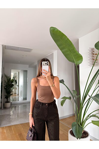 MERVE AKSOY Kare Yaka Askılı Bodysuit - Vizon