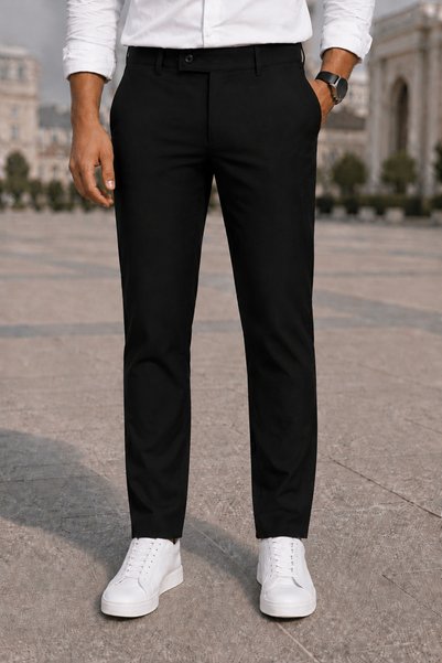 MODAMESTO Men's Black Fabric Trousers Slim Fit Lycra Ankle Length Narrow Leg Side Pocket