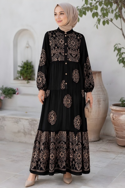 İmajButik Rochie neagră din viscoză cu mâneci elastice și nasturi pe jumătate