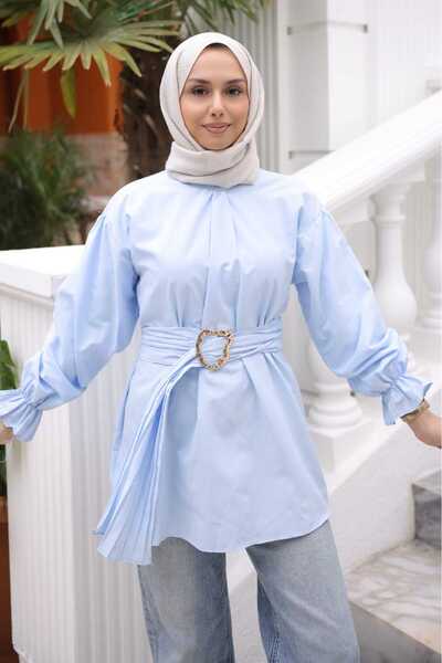 İmajButik Baby Blue Elastic Sleeve Belted Shirt