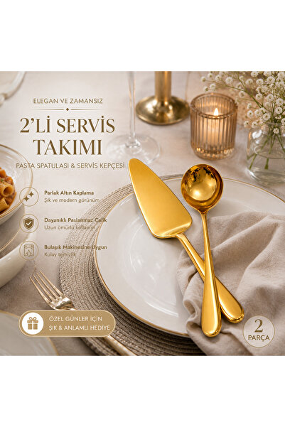 evessa Paslanmaz Çelik Gold Pasta Spatulası ve Servis Kepçesi 2’li Sunum Takımı