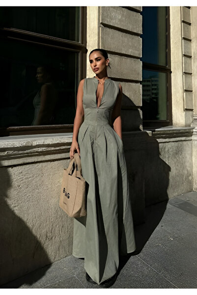 My Blog Khaki Half-Zip Waist-Slit Dress - 2025187