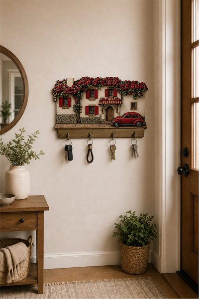 no77decor Güllü Ev ve Kırmızı Araba Temalı Dekoratif Duvar Askılı Anahtarlık ...