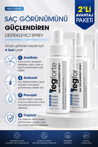 FegForte 2 Adet Feg Forte Saç Çıkarıcı ve Güçlendirici Sprey Serum - 75 mL