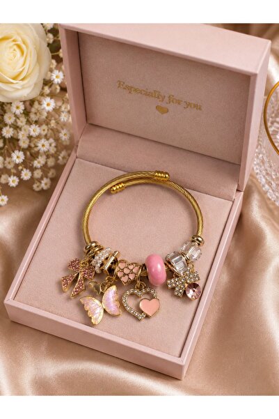 Line Charm Detaylı Gold Renk Paslanmaz Çelik Kadın Bileklik – Pembe Taşlı & F...