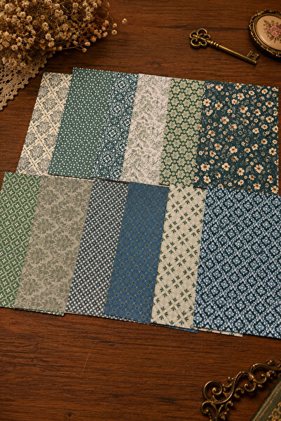 stickybloom Vintage Yeşil Tonlu Desenler Temalı 12 Parça A5 Kağıt Seti Scrapb...