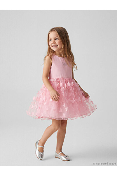 LC Waikiki Nevavm Girls' Dress with Oval Collar and Tulle Detail