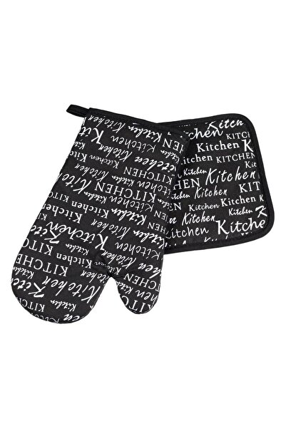 Zumzeria Black Thermal Glove & Napkin with White Letters "Kitchen" - 2pcs