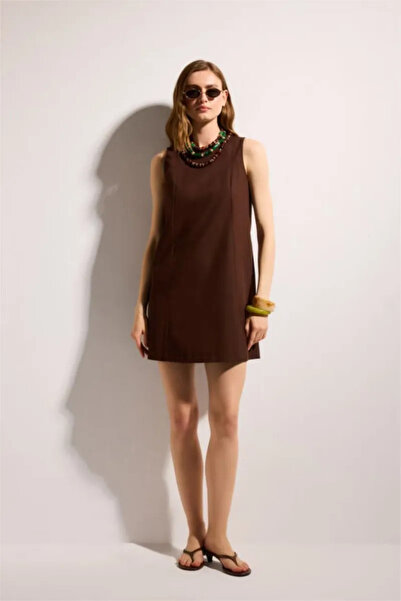 DeFacto 100% Cotton Crew Neck Linen-Look Sleeveless Mini Dress H6707Ax26Sm