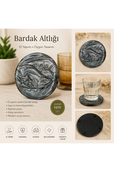 karelim home Set of 4 Coasters Epoxy Silver Color Satin Series