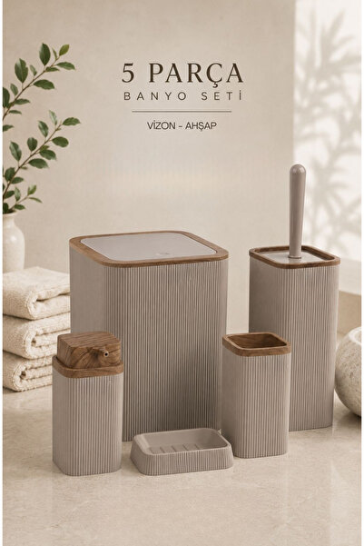 Store HGY Home Ahşap Detaylı Vizon Stella Çizgili Banyo Seti