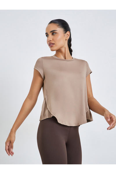 Styli Beige Short Sleeve Top with Pleated Hem