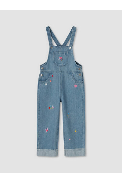LC Waikiki Square Neck Embroidered Girls' Jean Dungarees