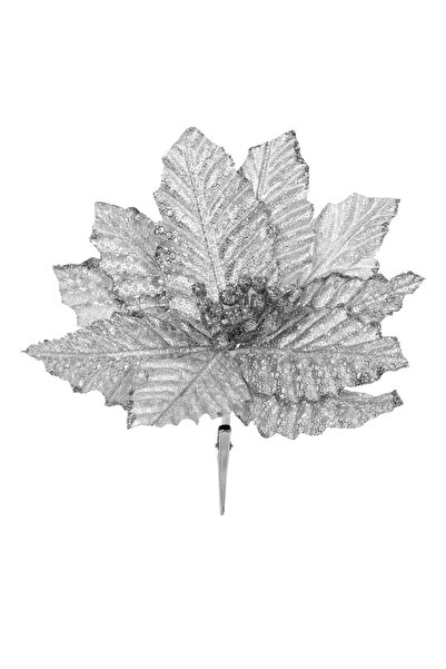 Zumzeria Floare decorativă de Crăciun argintie cu sclipici și cleme 21cm