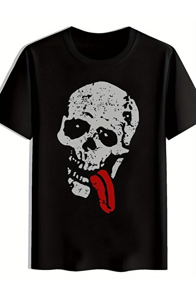 yiou trendy clothing تيشيرت أسود غير رسمي بأكمام قصيرة يتميز بطباعة جمجمة ولس...