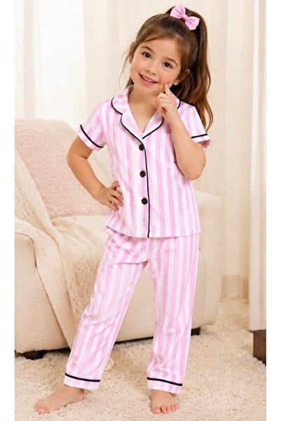 Hirababy Kız çocuk pembe çizgili altüst pijama takımı %100 pamuk