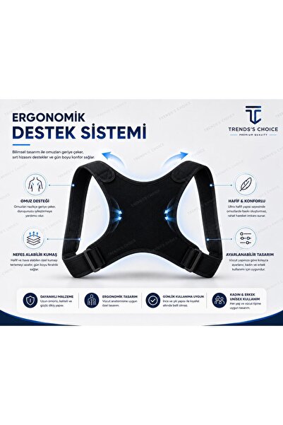 trends's choice Dik Duruş Korsesi Postür Düzeltici Ortopedik Omuz Sırt Destekleyici Unisex Korse