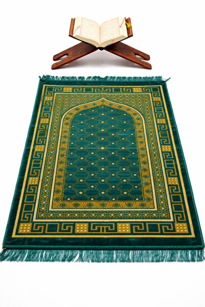 Bilenler Velvet Floral Patterned Prayer Rug Petrol Blue