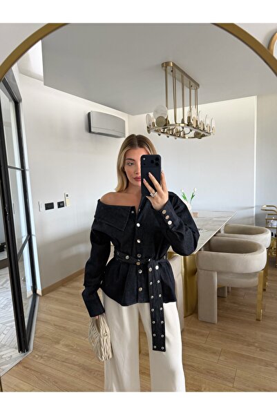 CKBUTİK Lacivert Asimetrik Yaka Denim Gömlek-3174