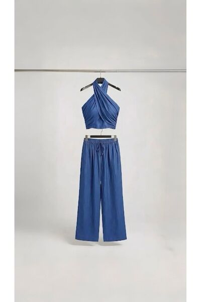 Tensel Denim Halter Yaka Bluz Takım