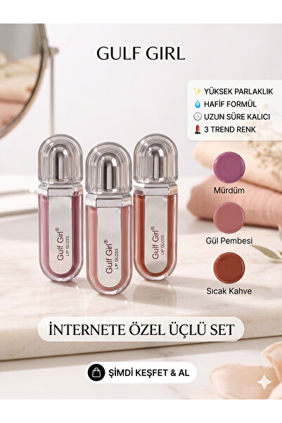 hom sel Gulf Girl 3'lü Set Yüksek Parlaklık Veren Kalıcı Lip Gloss Dudak Parl...