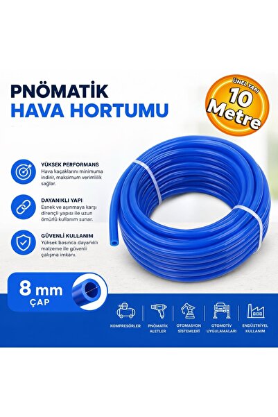 Mercure MC8-10 Poliüretan Mavi Hava Hortumu 8 mm 10 Metre Pnömatik Hortum