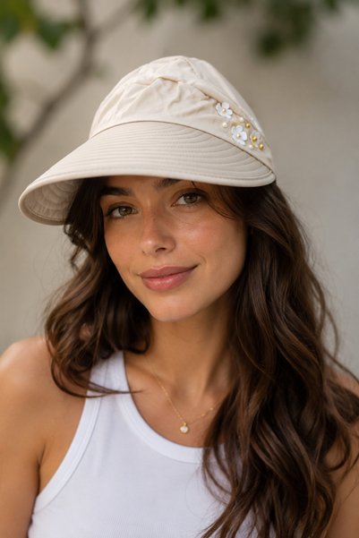 HatClub Exclusive Women's Cream Visor Hat with Flower Detail Adjustable Adhesive Summer Sunscreen