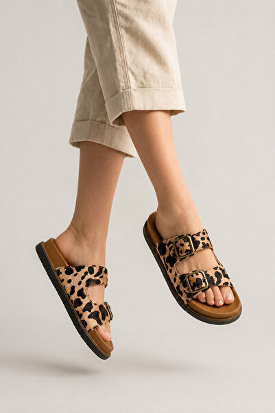 SUNSTEP Women's Casual Leopard Patterned Double Buckle Slippers