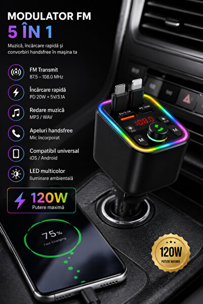 Otto Modulator FM Bluetooth Auto, Încărcare rapidă 120W, USB-C, Lightning, Handsfree, LED RGB