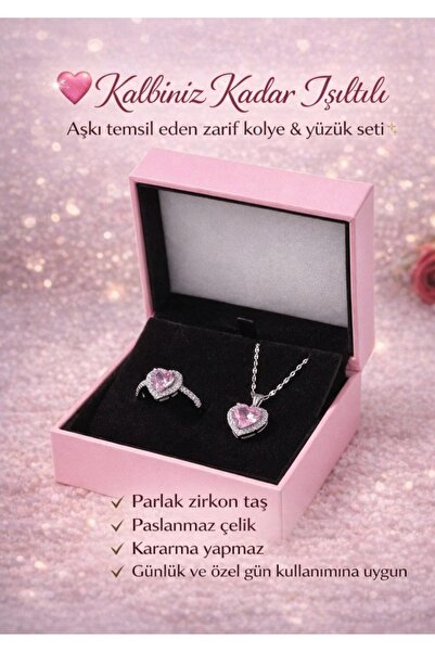 Kalpkutusu Kalp Taşlı Kolye ve Yüzük Seti Sevgiliye Özel Hediye Kutulu Zirkon...