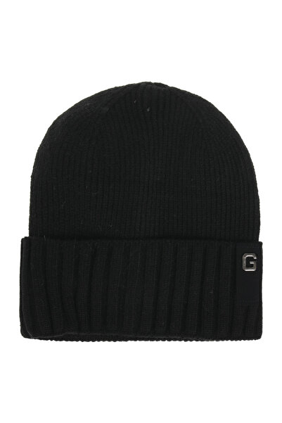 Zumzeria Căciulă tricotată neagră cu căptușeală din fleece și patch din PU cu...